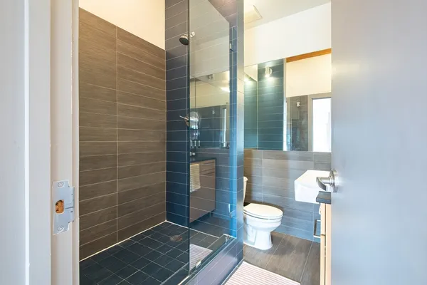 a bathroom with a toilet and a shower