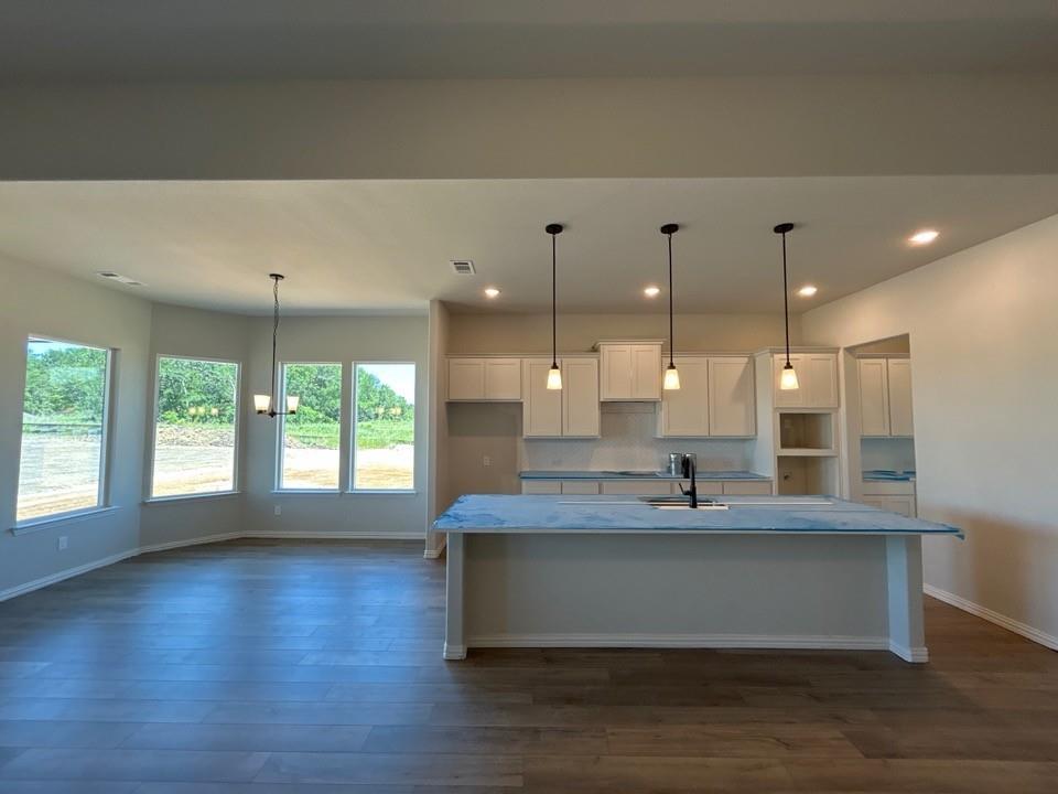 8935 County Road 623 Blue Ridge, TX 75424 - Photo 7 of 17 Open-concept living area with wood-finish flooring, a kitchen island with sink and pendant lighting, recessed ceiling lights, white cabinetry, and multiple windows
