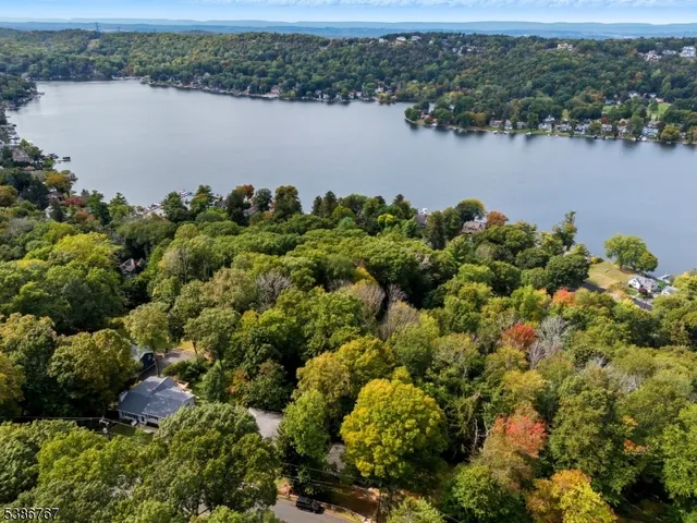 an aerial view of a houses with a lake view