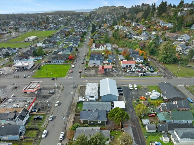 an aerial view of residential houses with outdoor space