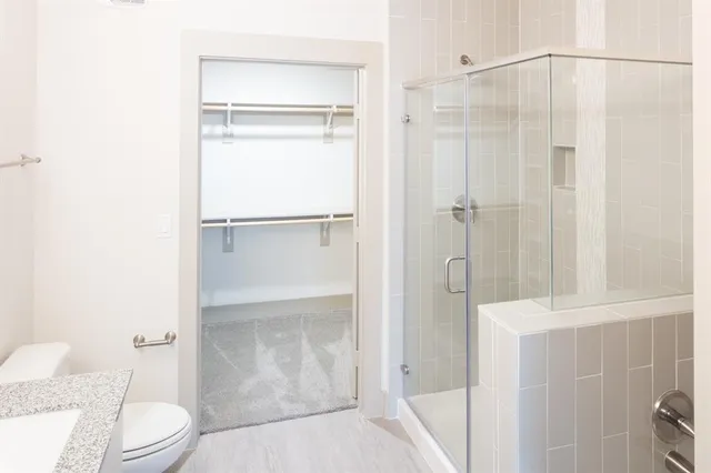 a bathroom with a shower and a toilet