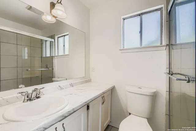 a bathroom with a sink a toilet and mirror