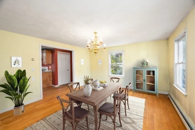 a view of a dining room with furniture window and wooden floor
