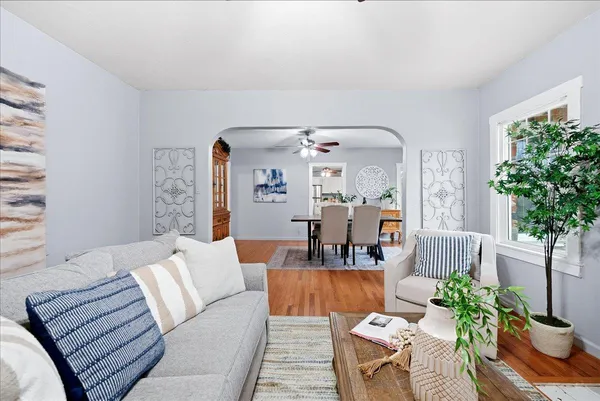a living room with furniture potted plant and a mirror