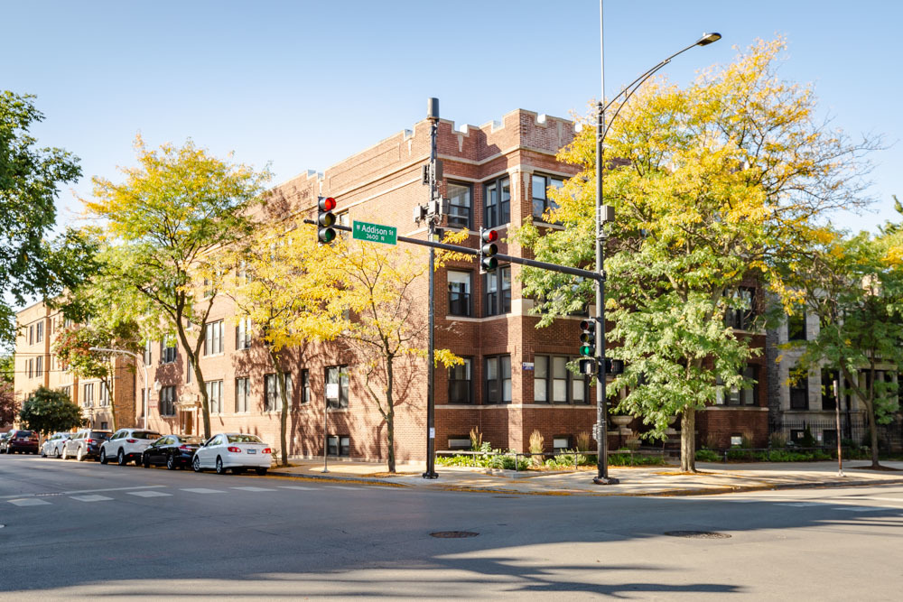 a view of a building and a street