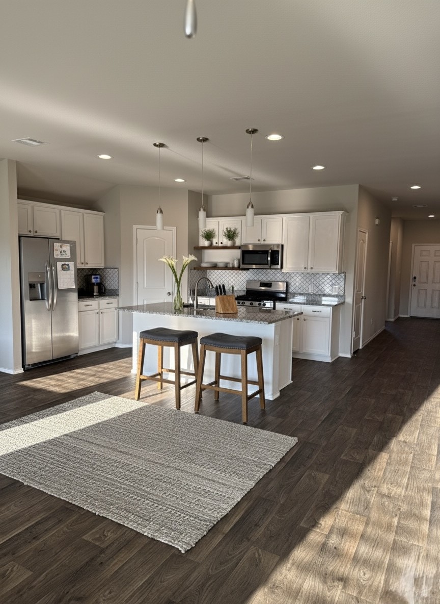 13917 Payette Arbor Court Conroe, TX 77384 - Photo 6 of 13 a kitchen with stainless steel appliances granite countertop a table chairs sink refrigerator and cabinets