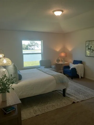 a bedroom with bed and window