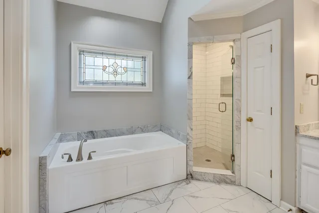 a bathroom with a bathtub and shower
