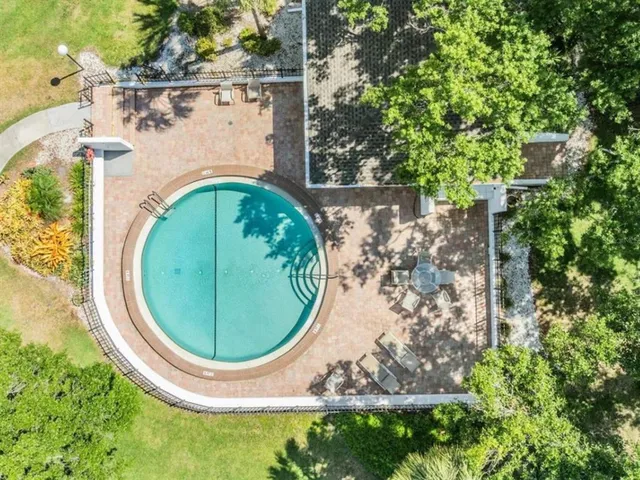 an aerial view of a swimming pool