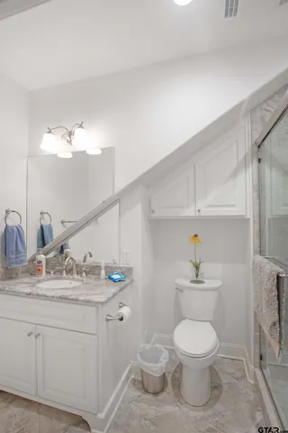 a bathroom with a sink a toilet and a mirror