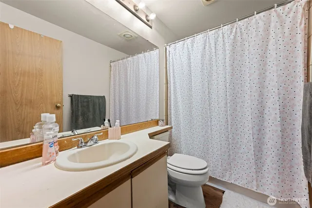 a bathroom with a sink a toilet and shower curtain