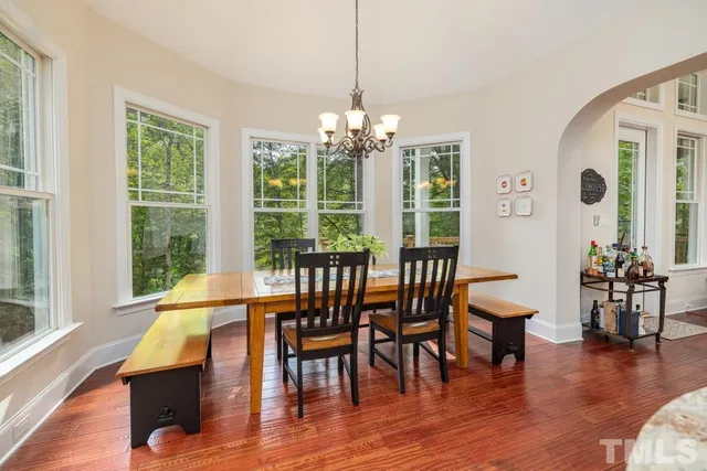 a view of a dining room with furniture window and wooden floor
