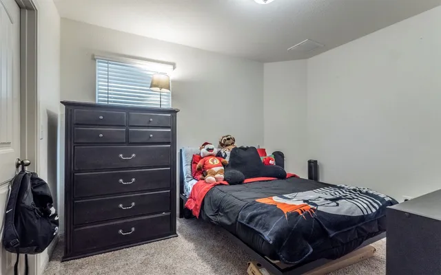 a bedroom with a bed and a closet