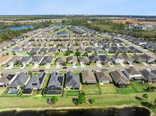 a view of a field with large trees