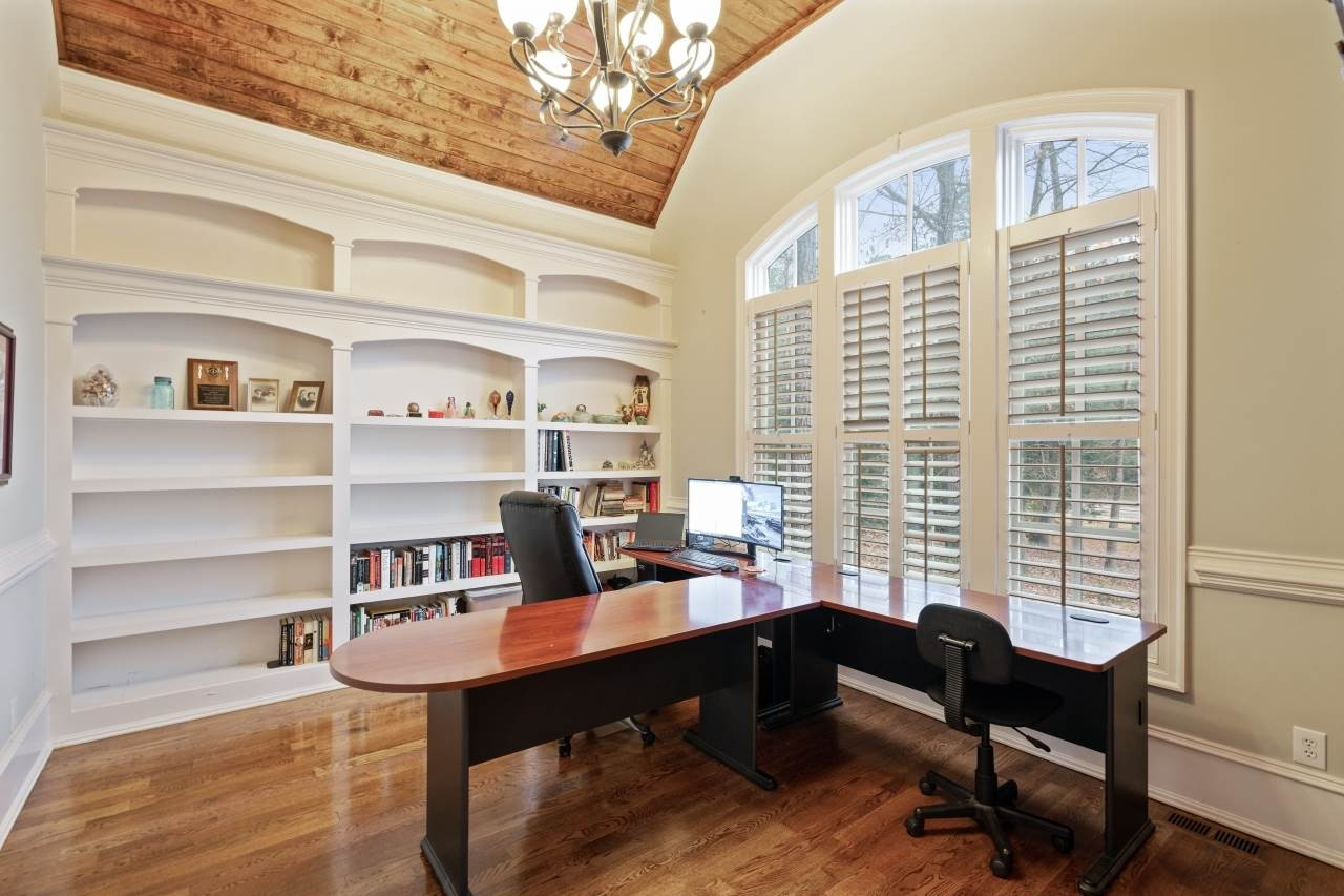6017 Reedy Creek Road Raleigh, NC 27607 - Photo 7 of 30 Private office faces the front yard, with built-ins and one-of-a-kind vaulted wood ceilings you will surely enjoy Office/Virtual Learning
