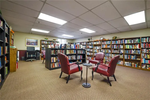 a view of a livingroom with furniture and a bookshelf