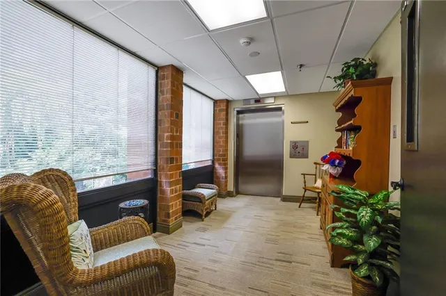 a living room with furniture stairs and a potted plant