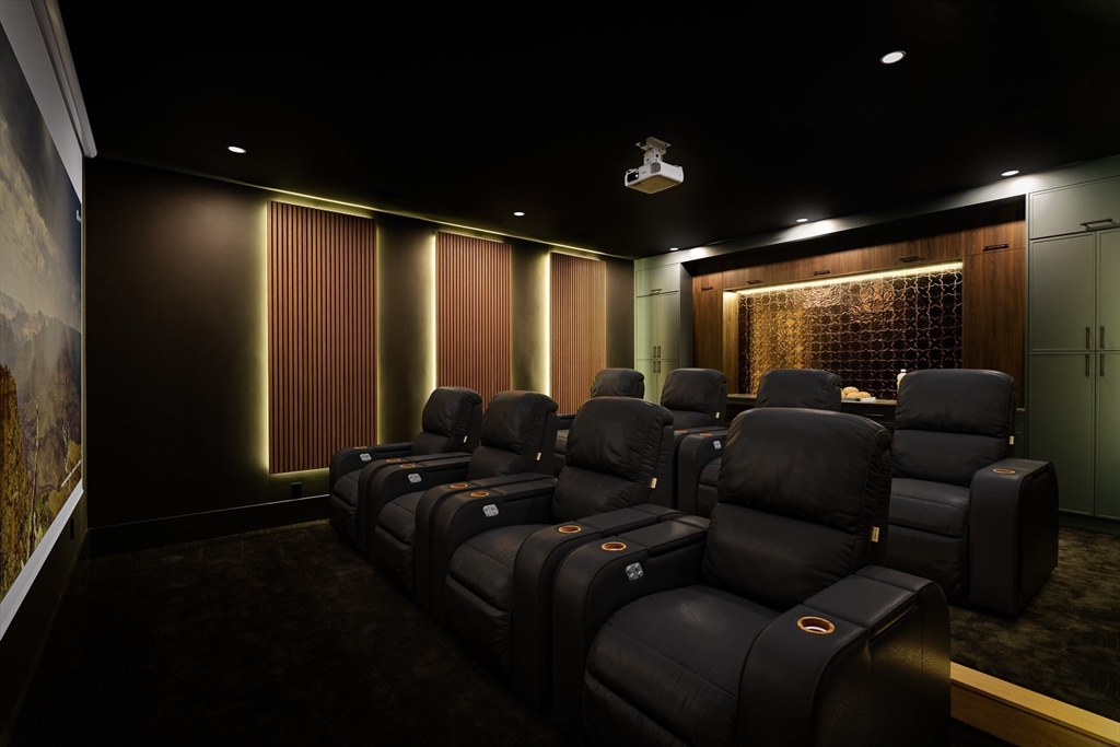 19 Bonnybrook Road Newton, MA 02468 - Photo 37 of 42 a media room with lots of chairs and a projector screen