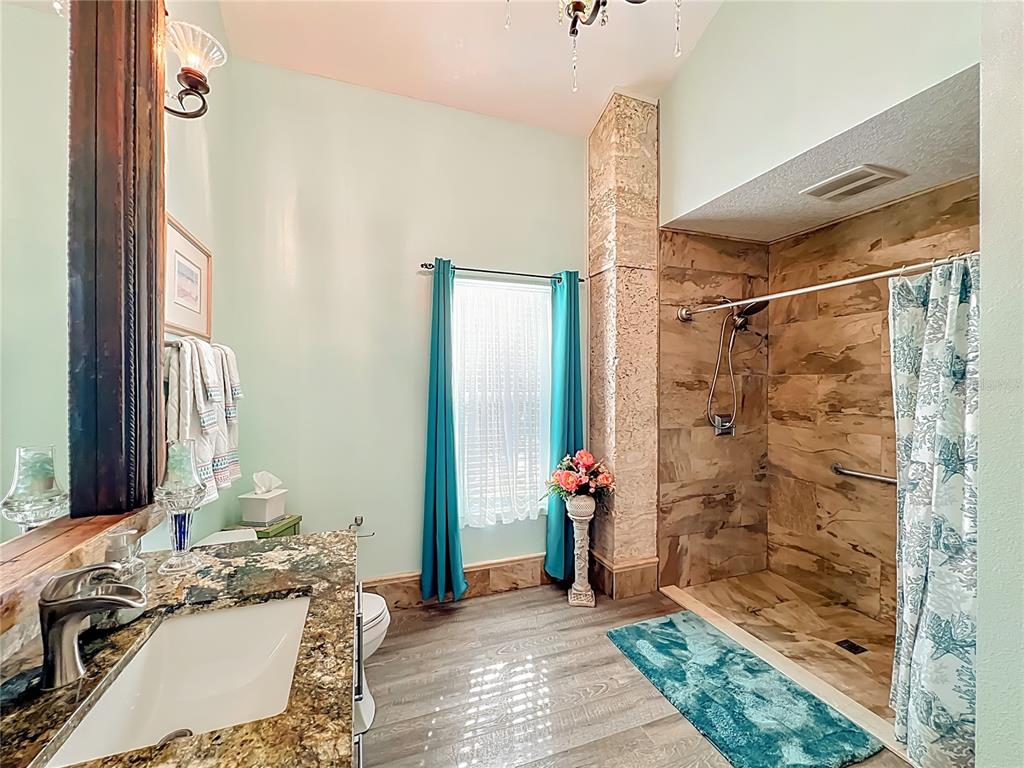 1825 Pams Way Geneva, FL 32732 - Photo 24 of 60 a bathroom with a granite countertop shower a sink and a mirror