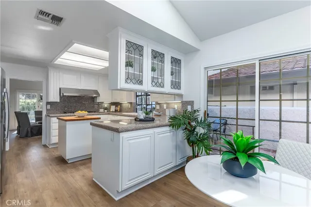 a kitchen with a potted plant in front of it