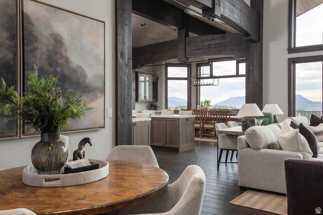 9156 Forest Road, Unit 24 Heber City, UT 84036 - Photo 7 of 42 Open-concept living space featuring high ceilings with exposed wood beams, dark wood-finish flooring, a contemporary kitchen with light cabinetry and countertops, and large windows showcasing mountain scenery