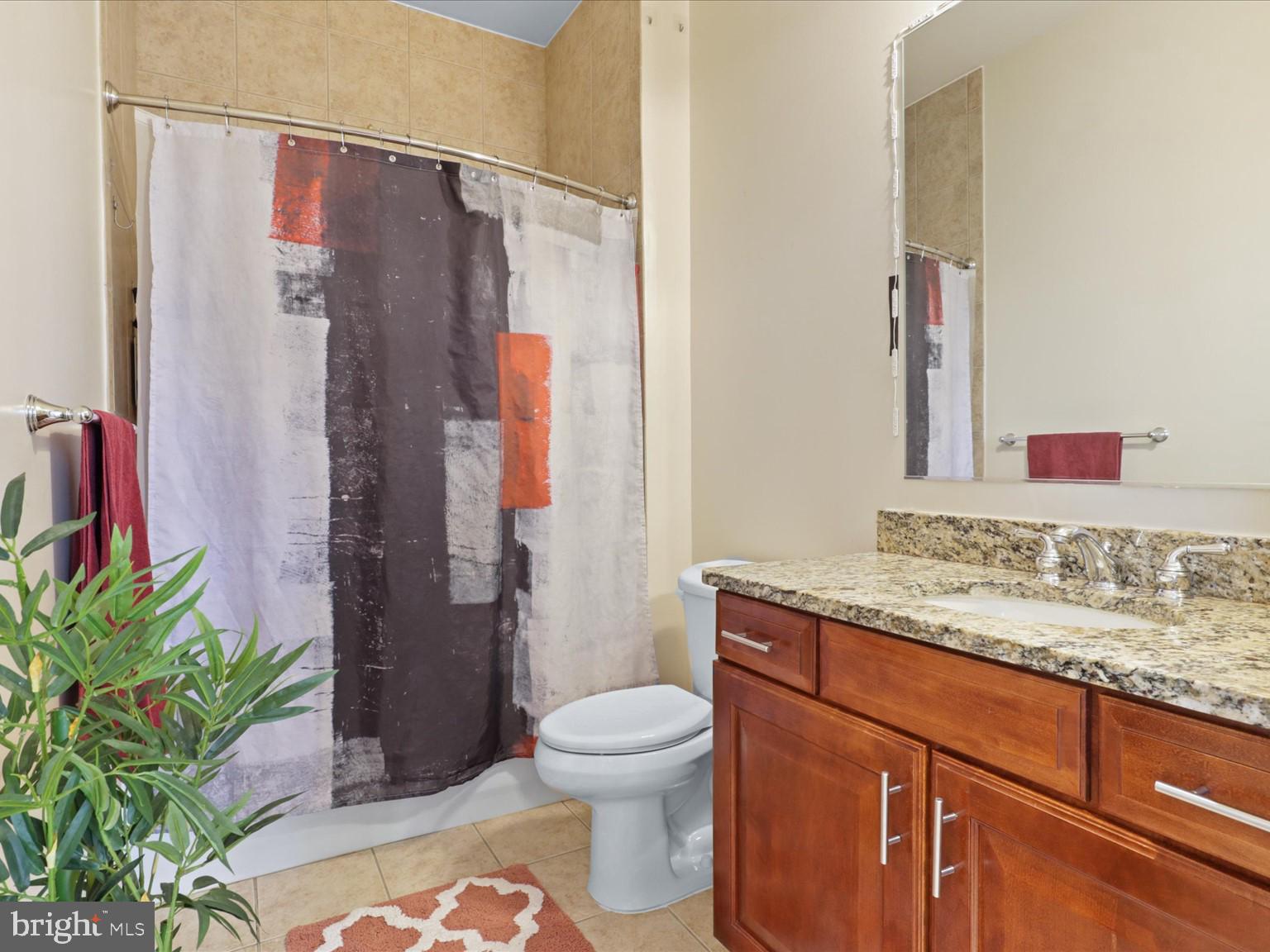 1023 North Royal Street, Unit 214 Alexandria, VA 22314 - Photo 15 of 38 a bathroom with a granite countertop sink toilet a shower and a mirror