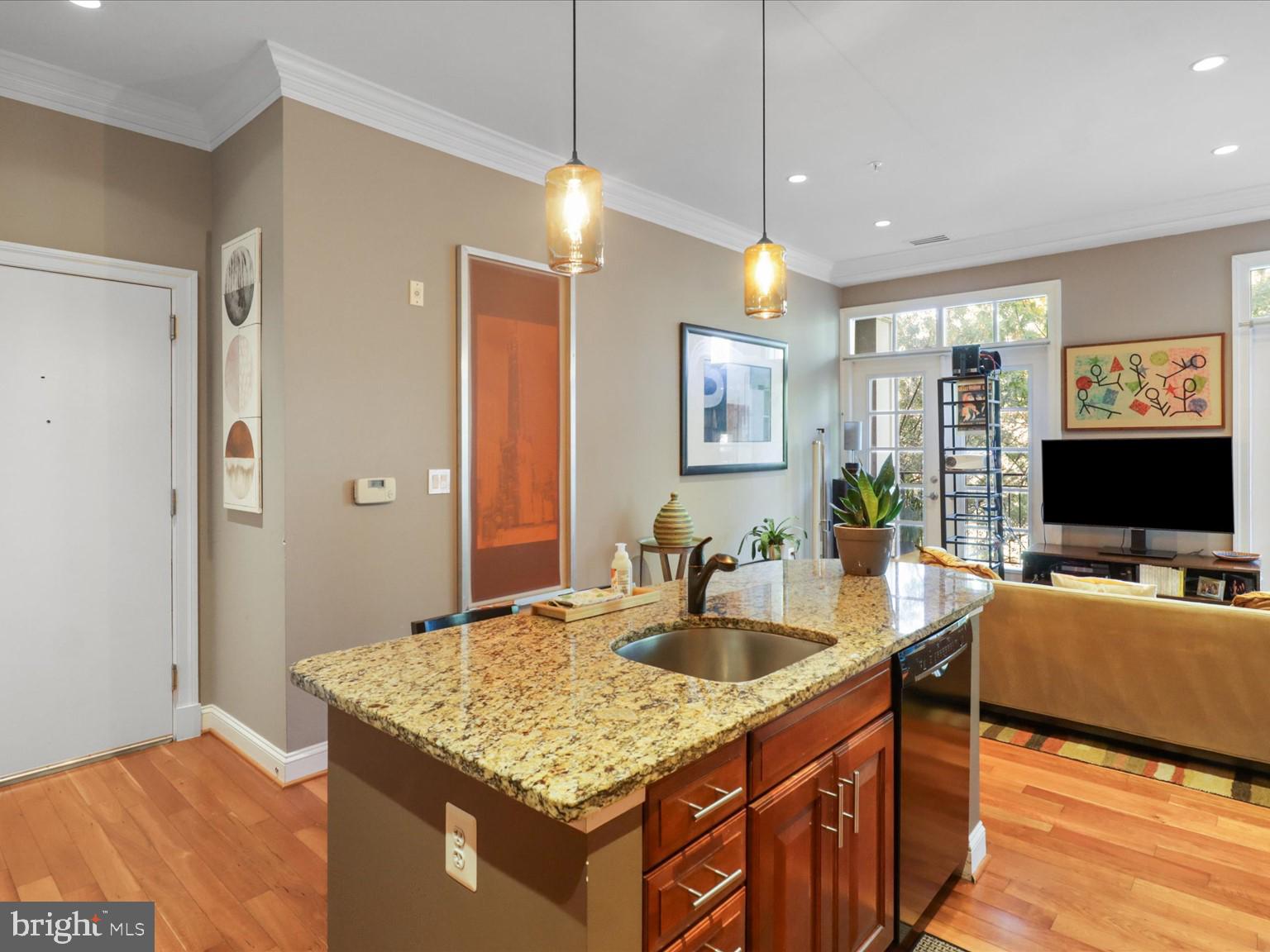 1023 North Royal Street, Unit 214 Alexandria, VA 22314 - Photo 6 of 38 a kitchen with granite countertop a sink and a refrigerator