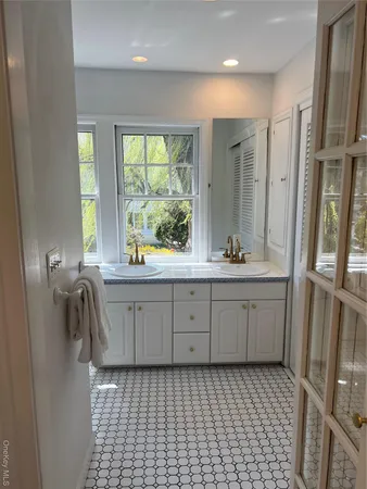 a bathroom with a double vanity sink a mirror and a shower