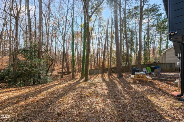 a view of a yard with large trees