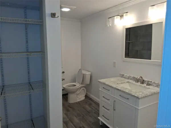 a bathroom with a granite countertop sink a toilet and a mirror