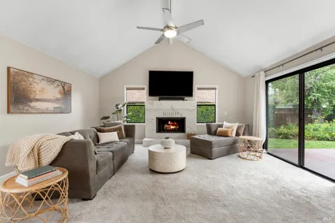 a living room with furniture a flat screen tv and a fireplace