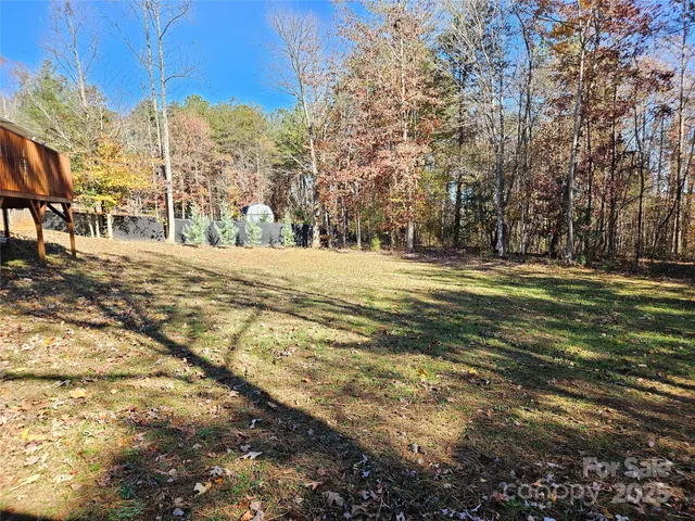 a view of a yard with large trees
