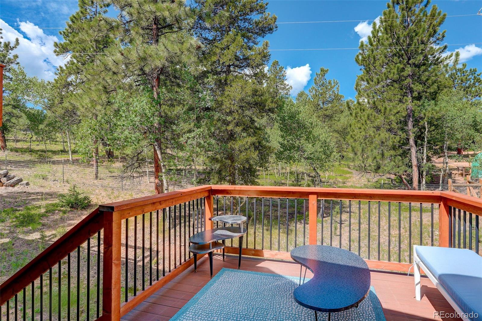 77 East Crosscut Road Bailey, CO 80421 - Photo 23 of 43 a view of roof deck with furniture and trees around
