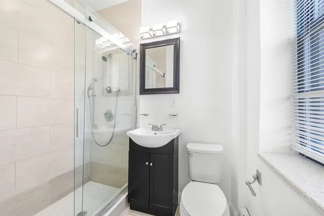 a bathroom with a toilet a sink and mirror