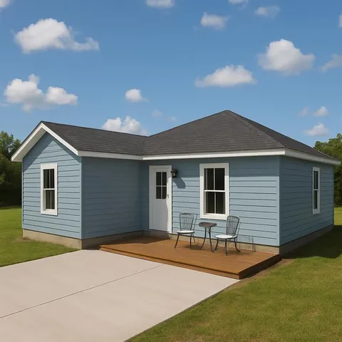 a backyard of a house with table and chairs