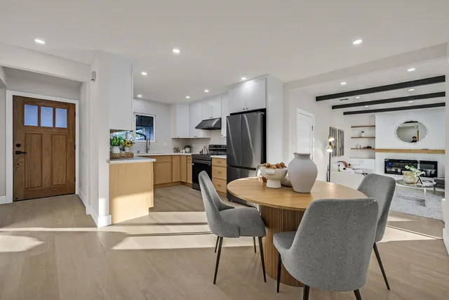 a view of a dining room with furniture