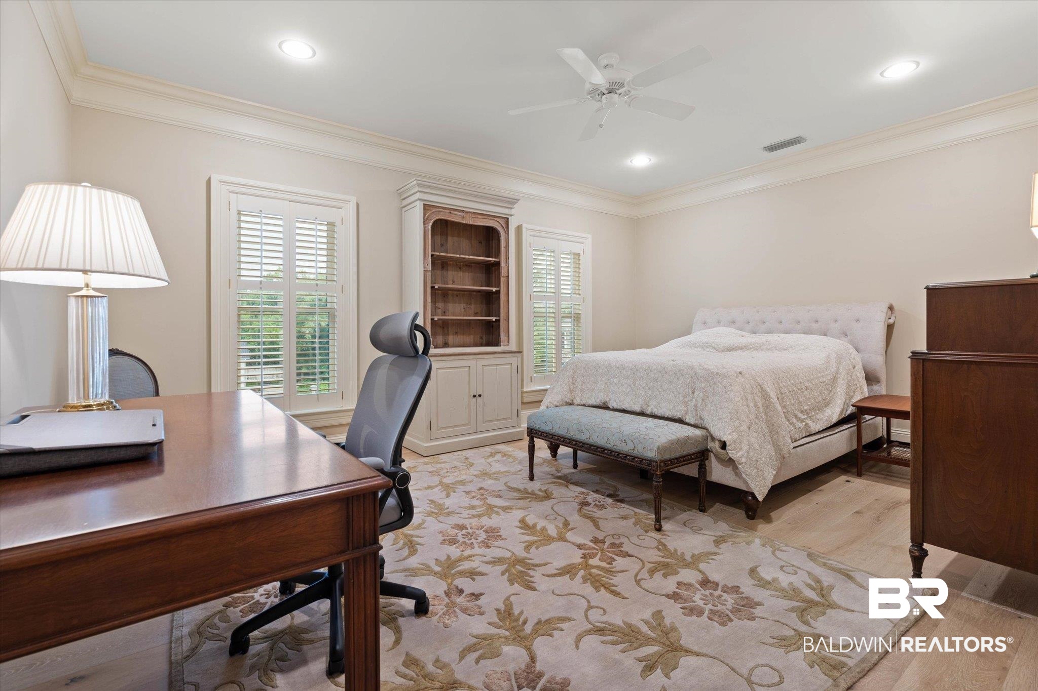 4008 McGregor Oaks Mobile, AL 36608 - Photo 26 of 50 Bedroom featuring ornamental molding, a desk, light wood-style floors, a ceiling fan, and recessed lighting