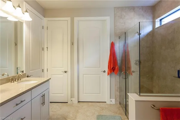 a bathroom with a shower a sink and a mirror