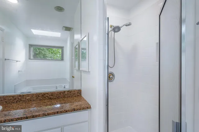 a bathroom with a granite countertop shower