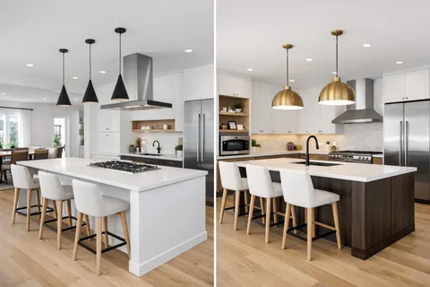 a kitchen with stainless steel appliances kitchen island a table chairs sink and stove