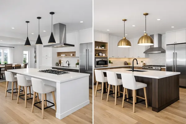 a kitchen with stainless steel appliances kitchen island a table chairs sink and stove