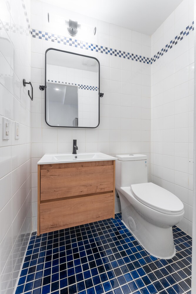 121 Division Street, Unit 2A Manhattan, NY 10002 - Photo 9 of 23 a bathroom with a sink a toilet and a mirror
