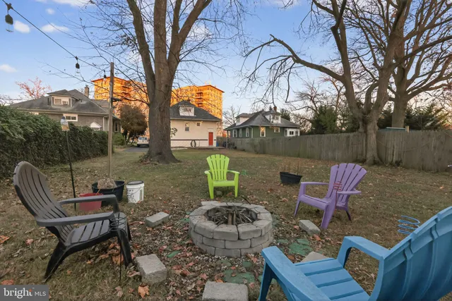 a backyard of a house with table and chairs