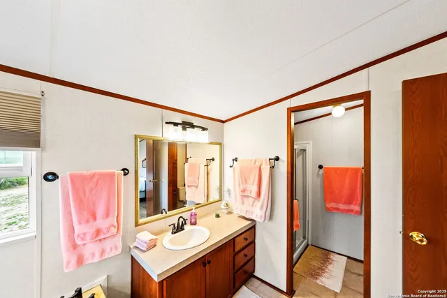 a bathroom with a sink mirror and a shower