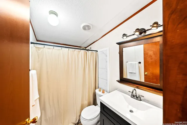 a bathroom with a sink vanity mirror and toilet