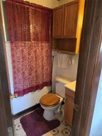 a bathroom with a toilet and a shower curtain