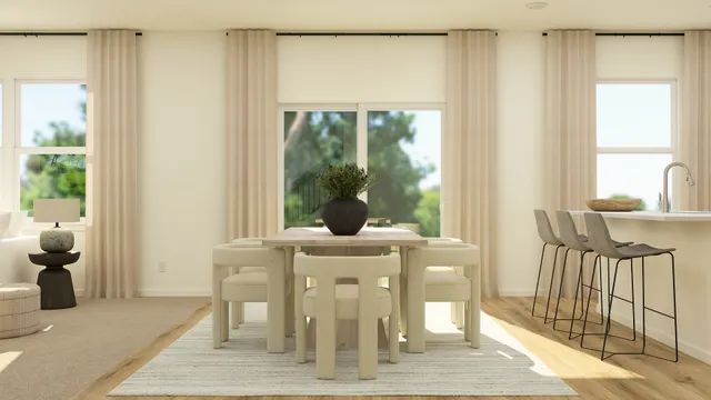 a dining room with furniture and window