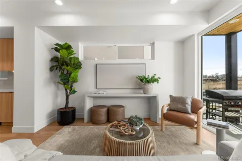 a living room with furniture potted plant and a window