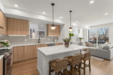 a kitchen with a potted plant on the counter and cabinets