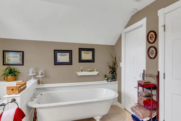 a bathroom with a tub and a potted plant